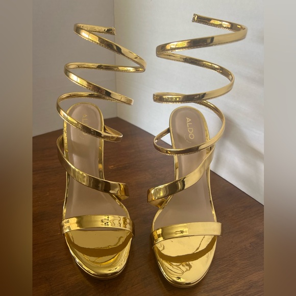 ALDO Katswirl Gold Metallic Spiral Strappy Stiletto Heels Sandals Women’s 8 38.5 - Picture 5 of 12